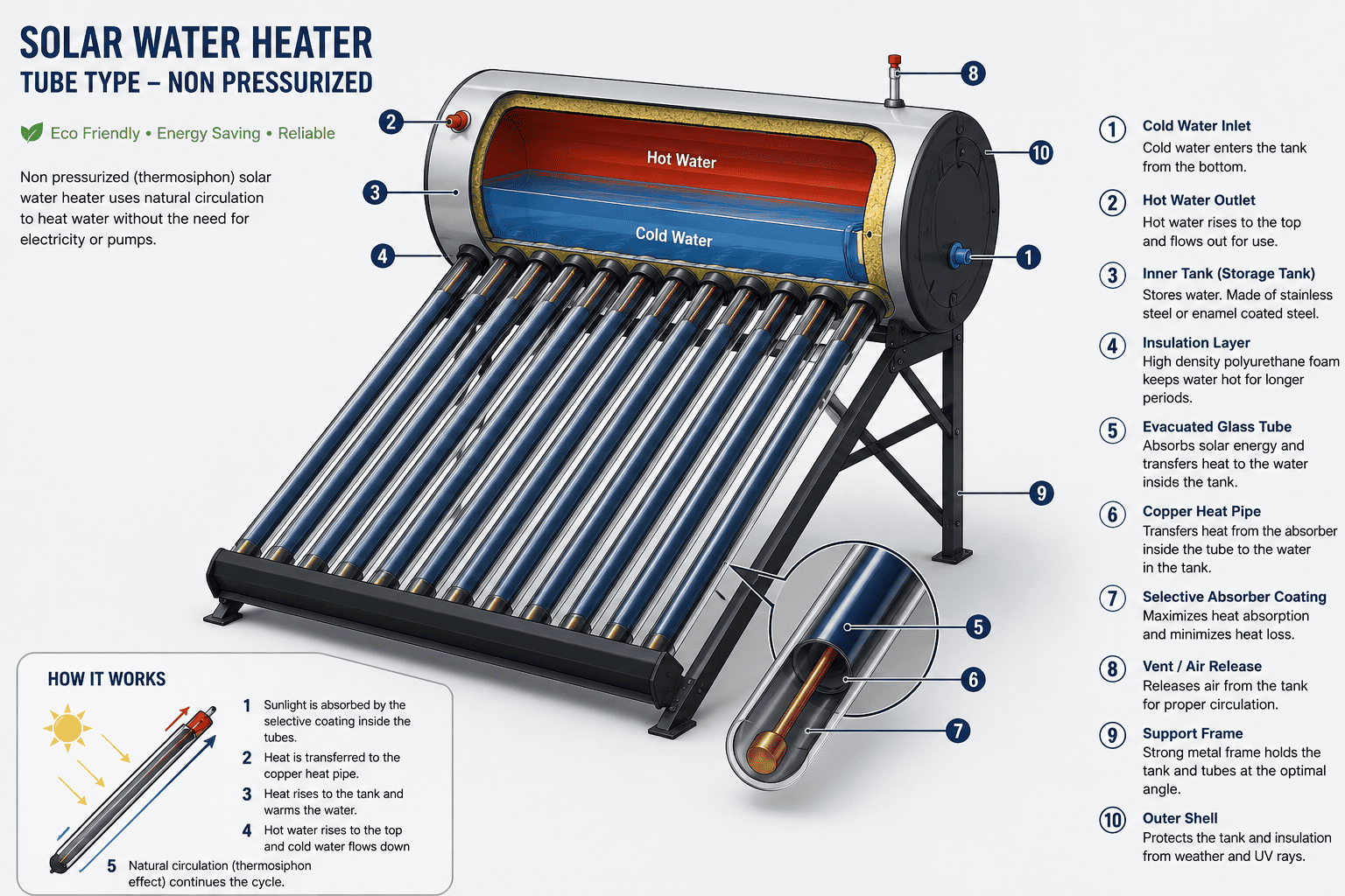 Solar Water Heater SS Non Pressure 100Litres